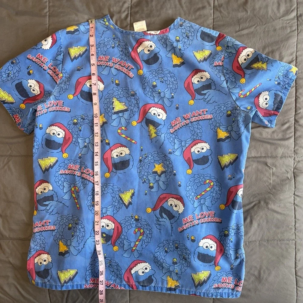Sesame Street Cookie Monster Santa Christmas Medium Blue Scrub Top Kidcore - Picture 5 of 11
